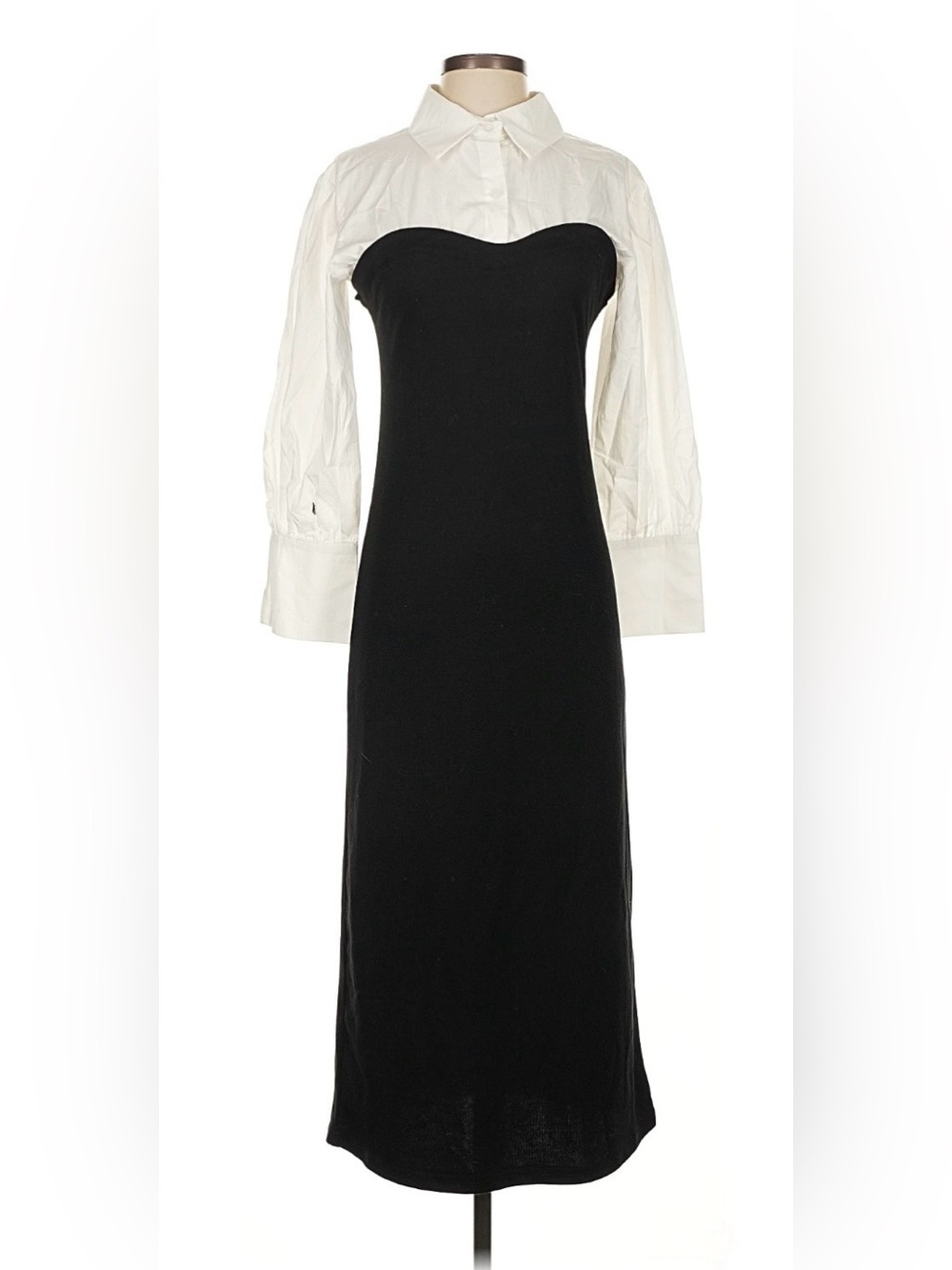 •| OAK + FORT Black Strapless Column Dress with White Shirt Detail